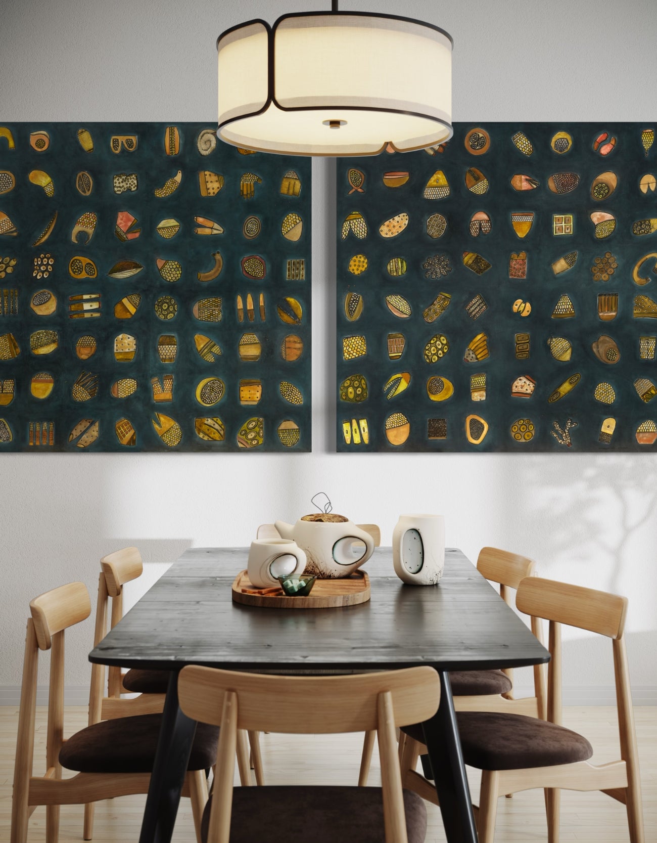 Abstract diptych featuring a charcoal background with deep green and blue undertones, adorned with 64 detailed objects and gold accents.