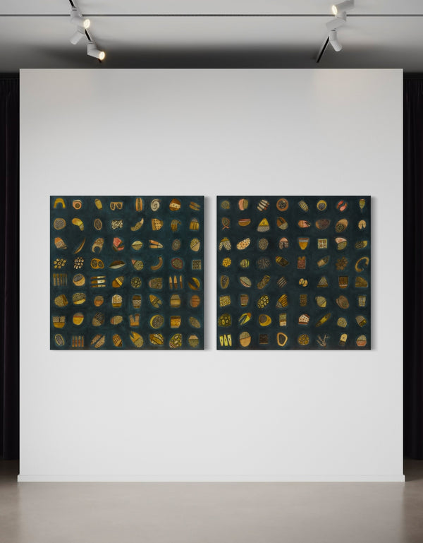 Abstract diptych featuring a charcoal background with deep green and blue undertones, adorned with 64 detailed objects and gold accents.