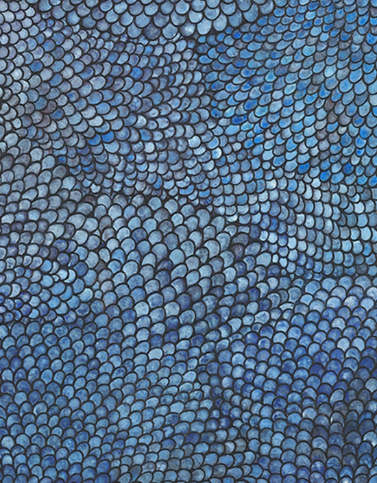 Giclée print on canvas of Seth B. Minkin’s Cobalt Scales. Intricate scales fan outward with metallic pigments, offering organic rhythm and geometric harmony, suitable for vertical or horizontal display.