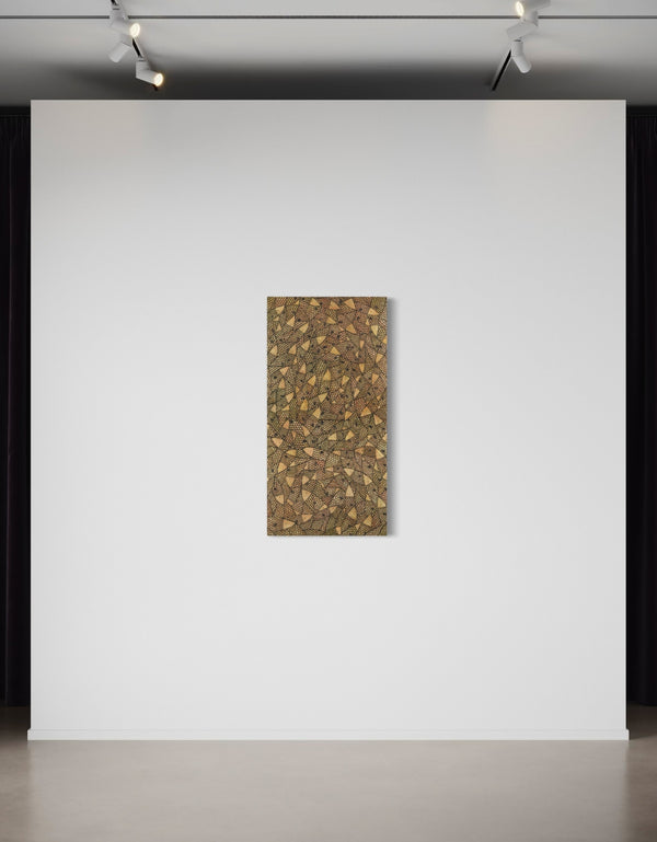 24"x48" painting with a warm palette of gold, rose gold, and copper, featuring detailed sardines with a shimmering metallic effect.