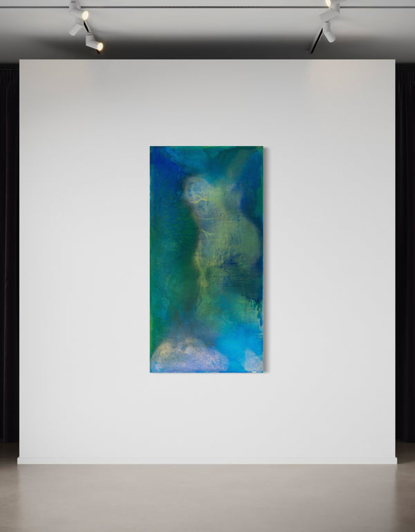 Abstract painting with deep blues and greens, capturing the intensity and mystery of the ocean and cosmos with swirling depths.