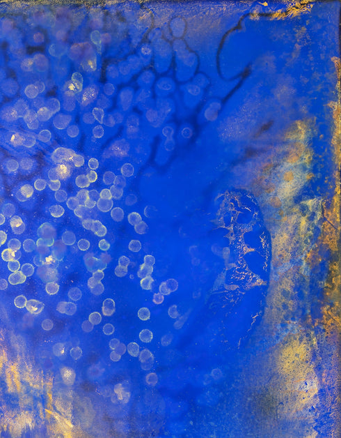 Painting with bright golden tones against deep cobalt, depicting the mesmerizing scene of fireflies illuminating a twilight sky.