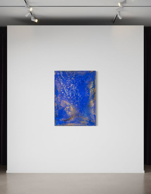 Painting with bright golden tones against deep cobalt, depicting the mesmerizing scene of fireflies illuminating a twilight sky.