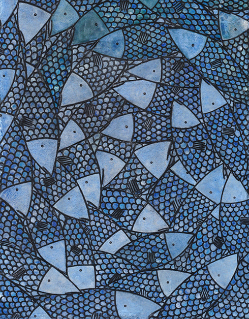 Fish Stick Sardines is a Limited Edition Print by Seth B. Minkin, with rich cobalt blues, seafoam greens, and vibrant golds, capturing detailed sardines.