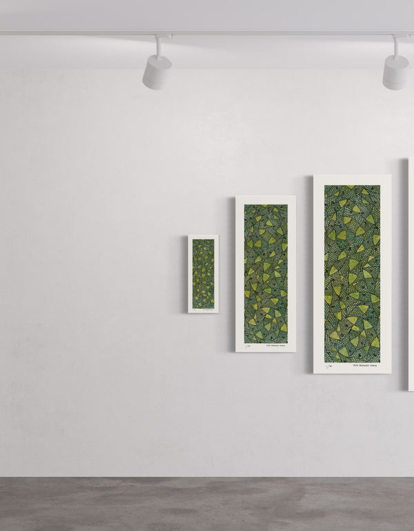 Green Gold Sardines is a Limited Edition Print by Seth B. Minkin, with bold lime green and gold hues, highlighting sardines' dynamic colors and playful composition.