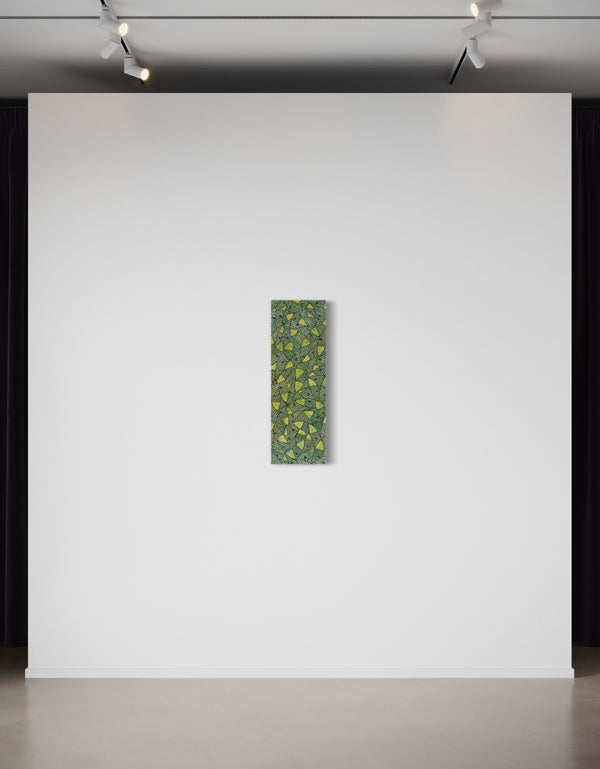 12"x36" painting with vibrant lime green and gold hues, featuring playful sardines and dynamic contrasts in color.