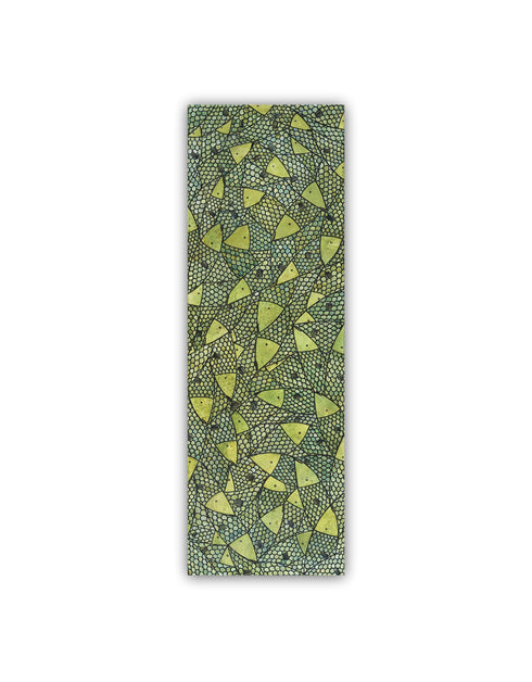 12"x36" painting with vibrant lime green and gold hues, featuring playful sardines and dynamic contrasts in color.