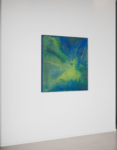 Painting with blue-green hues and bright yellow accents, inspired by the 1970s Big Wheel, evoking childhood joy and adventure.