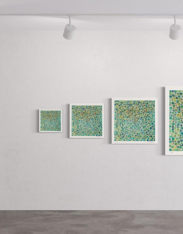 Green Squares is a Limited Edition Print by Seth B. Minkin, with a contemporary grid of varied green squares, showcasing a modern and sophisticated design.