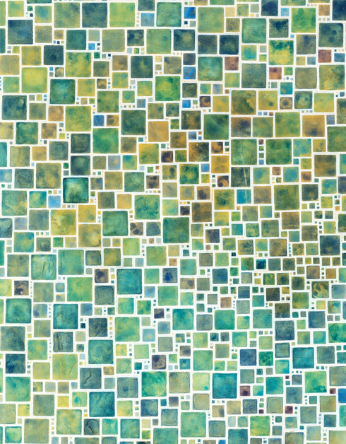 Compact painting with earth tones featuring abstract green squares, evoking a sense of discovery and celebration.