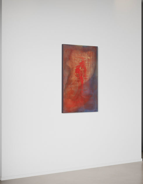 Abstract painting with two hearts in gold and red, symbolizing love's transformative power and intense romance.