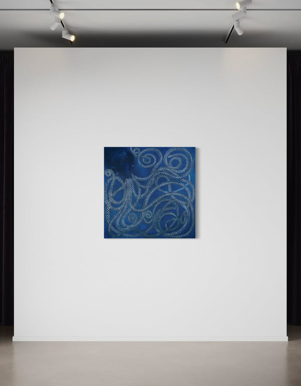 Ocean-inspired painting with ethereal blues and white tentacle suckers, capturing dynamic movement and meditative joy.