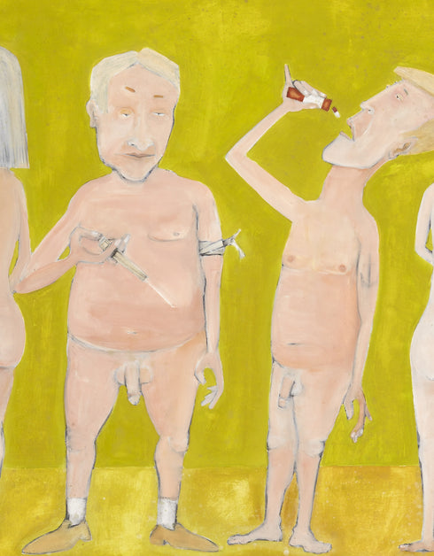 Limited Edition Print of Naked People Doing Drugs by Seth B. Minkin. This detailed reproduction captures the humor and complexity of the original painting, with its hazy textures, subdued tones, and radiant golden highlights.