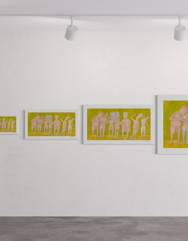 Limited Edition Print of Naked People Doing Drugs by Seth B. Minkin. This detailed reproduction captures the humor and complexity of the original painting, with its hazy textures, subdued tones, and radiant golden highlights.