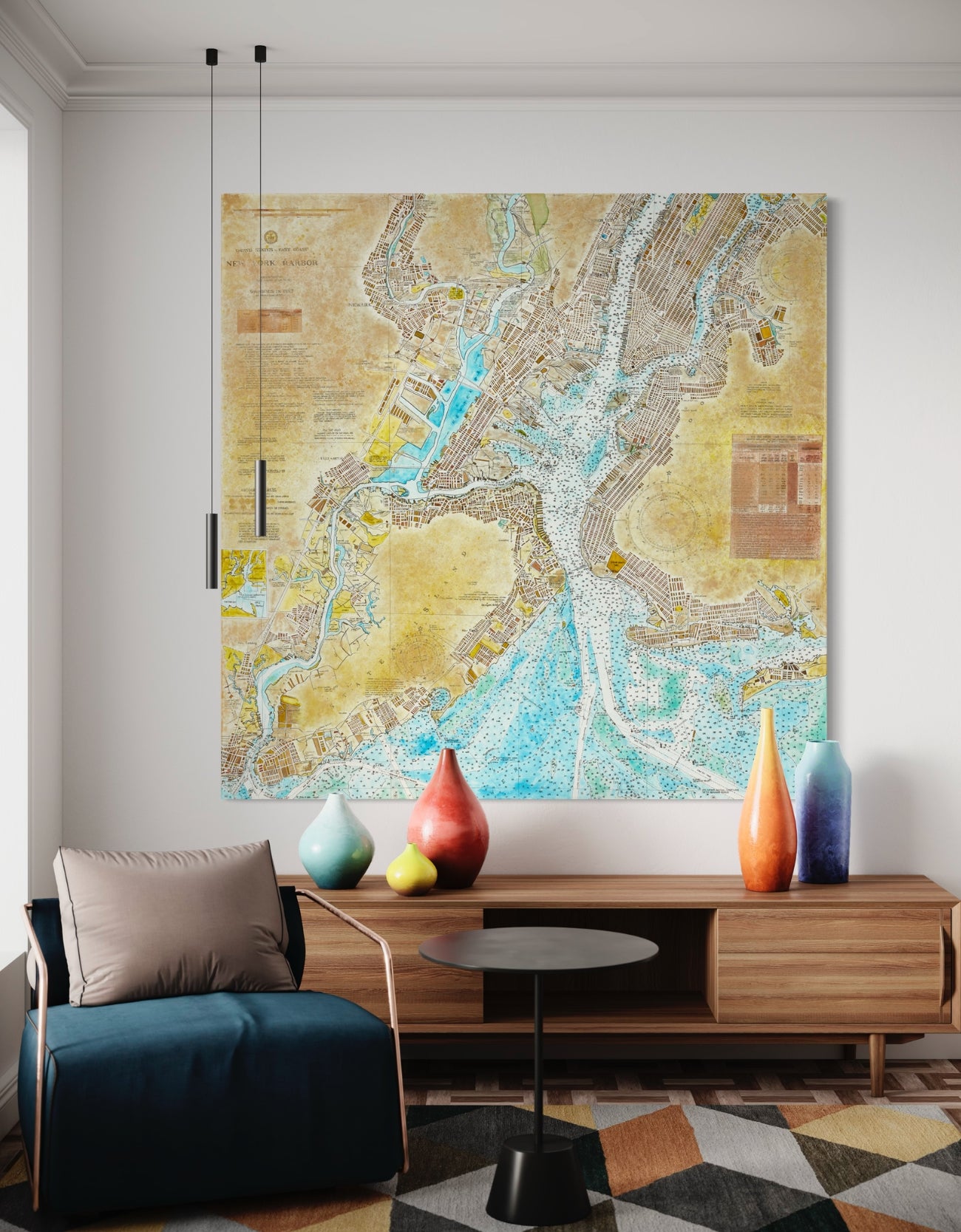 72"x72" nautical chart painting blending adventure and nostalgia with intricate lines and historical charm.