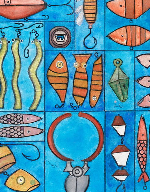 Whimsical painting with nautical charm, featuring sardines and marine elements in bright, engaging colors.