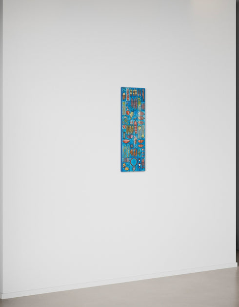 Whimsical painting with nautical charm, featuring sardines and marine elements in bright, engaging colors.