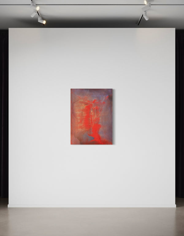 30"x40" painting with vibrant reds, golds, and aubergine, capturing the explosive energy of a volcano.