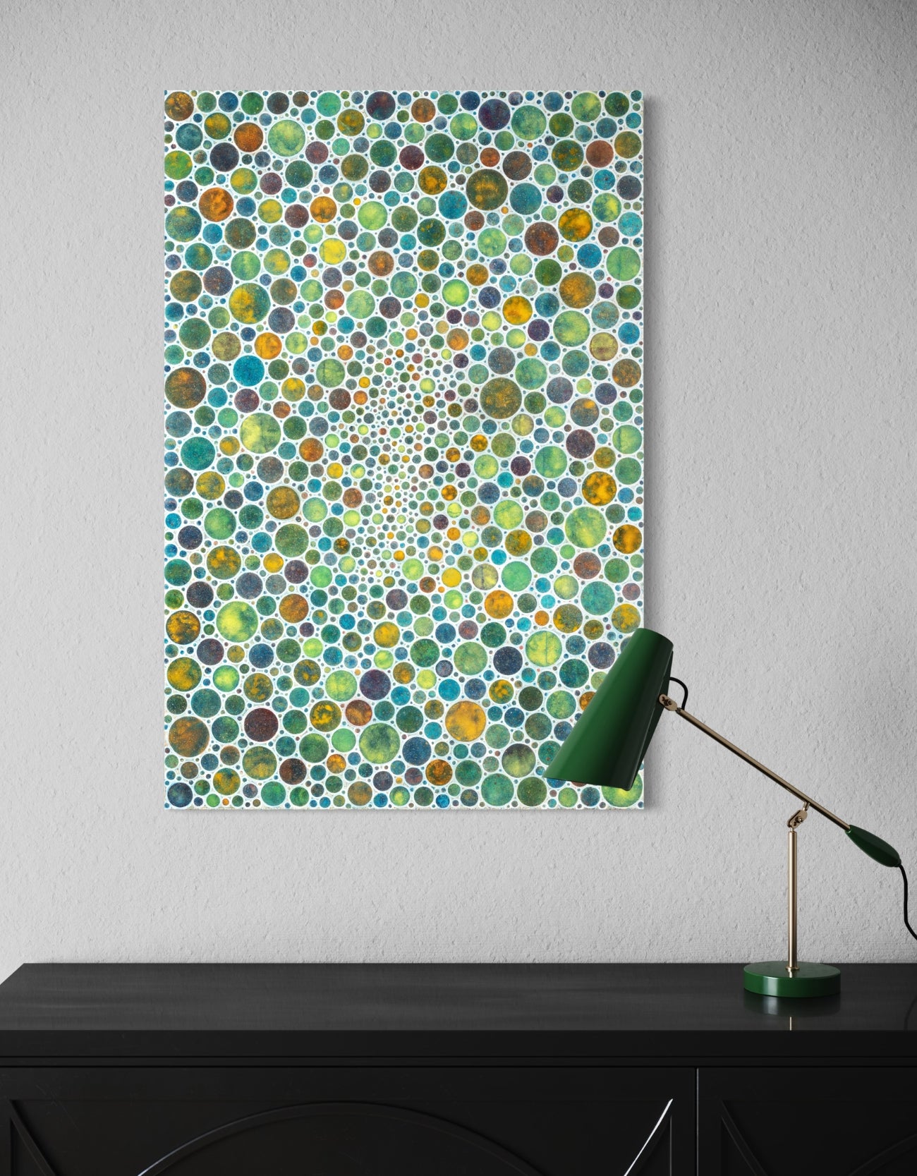 Mesmerizing painting with earth tones, lime, rust, and gold, featuring intricate white circles and whimsical energy.