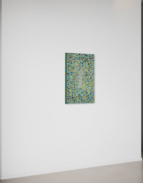 Mesmerizing painting with earth tones, lime, rust, and gold, featuring intricate white circles and whimsical energy.