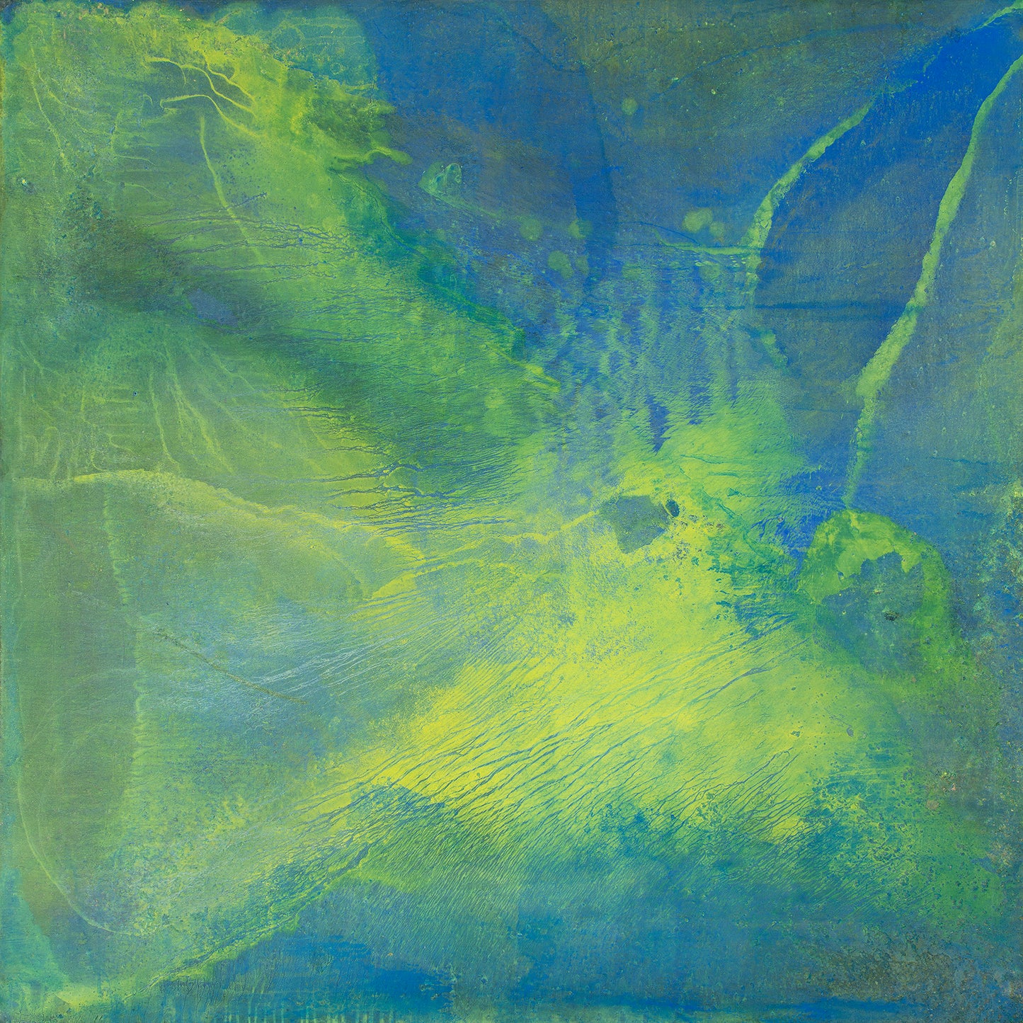 Green Machine, an oil on canvas original by Seth B Minkin, featuring abstractions in blues, greens and gold