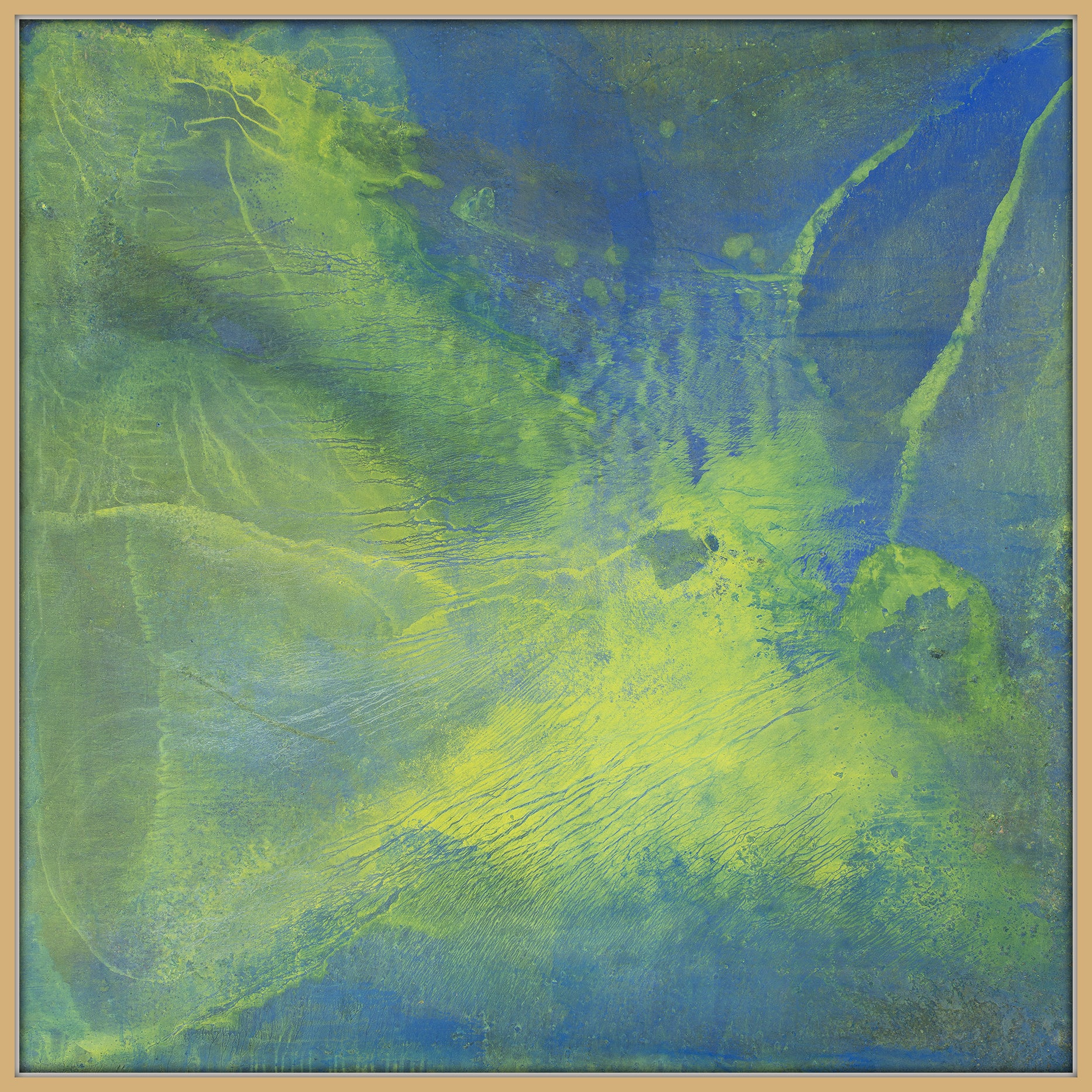 Green Machine, an oil on canvas original by Seth B Minkin, featuring abstractions in blues, greens and gold